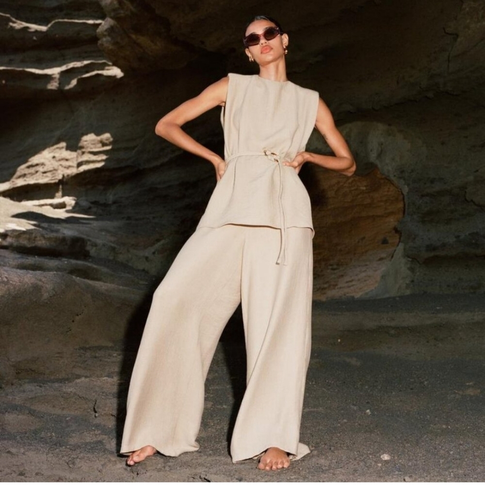 Zara Set 2 Pc belted Top and Wide Pants Size S